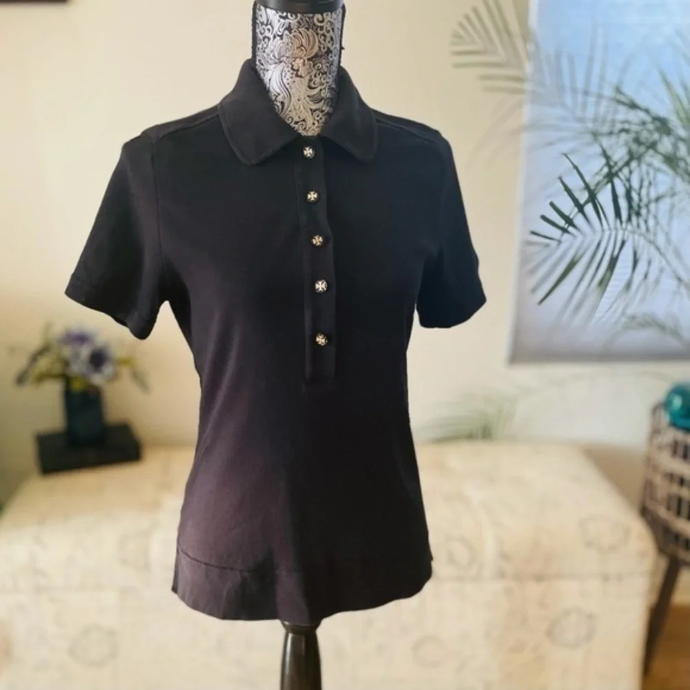 Tory Burch Lennox Short Sleeve Polo + Gold Buttons